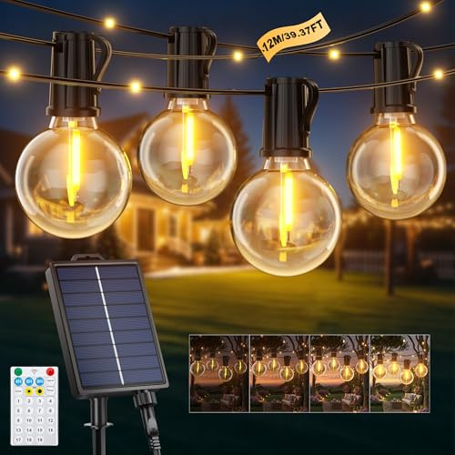 Guirnaldas Luces Exterior Solar, 12M/39.4Ft Lámparas Solares de Jardín Luces con 14+1 G40 Bombillas y 26 Perlas LED, 19 Modos Impermeable Guirnalda Solares para Jardín, Terraza, Navidad, Fiesta