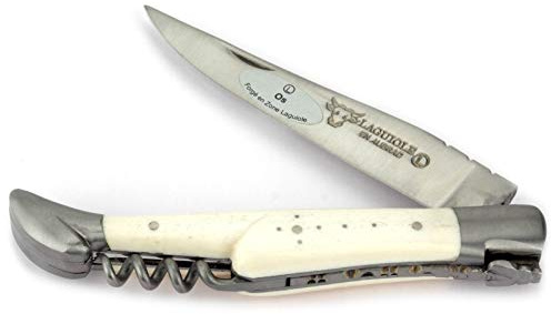 Laguiole en Aubrac Taschenmesser Korkenzieher 12 cm Griff Knochen L0312OSIF, Messer Klinge matt, Backen matt