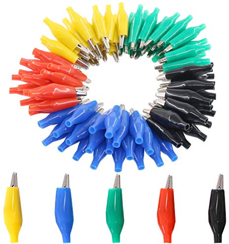 Glarks Lot de 100 pinces crocodiles de 28 mm pour test électrique avec couvercle isolant de protection noir/rouge/jaune/bleu/vert pour tests en laboratoire