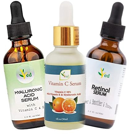 Dreifache Serumpackung | Vitamin C, Hyaluronsäure und Rational Serum | Reduziert Falten, feine Linien und Altersflecken. | Passt zu jedem Hauttyp | 30 ml, 60 ml bzw, 60 ml.