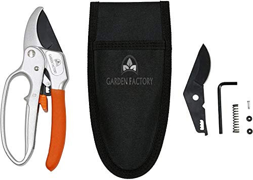 Garden Factory - Lot Sécateur de Jardin à Crémaillère - Lame et Ressort de Rechange - Sécateur à Crémaillère - Housse de Transport