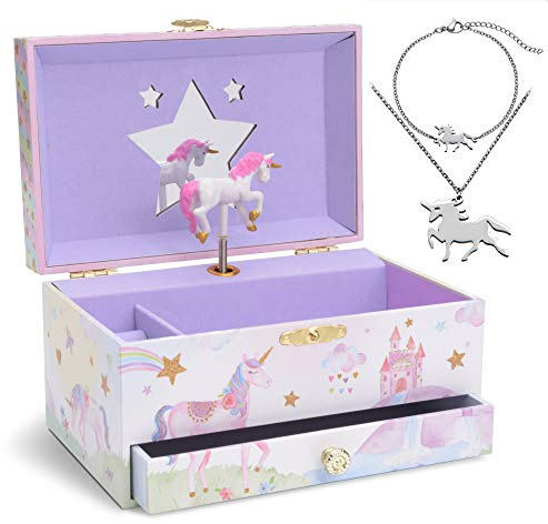 Jewelkeeper Schmuckaufbewahrung, Glitzer Regenbogeneinhorn-Spieluhr & Schmuckset für kleine Mädchen - 3 Einhorngeschenke für Kinder Mädchen - Rosa