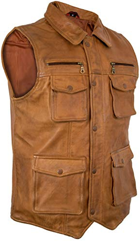 MDM Chaleco de cuero para hombre de auténtica piel de napa de cordero (negro, marrón), marrón, M