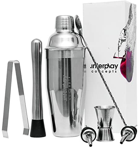 Cocktail Shaker Set, 8 Pieces Cocktail Set, Cocktail Shaker 750ml Large Stainless Steel with Jigger, Pourers, Tong, Muddler and Bar Spoon for Christmas Gifts for Him by Interplay Concepts