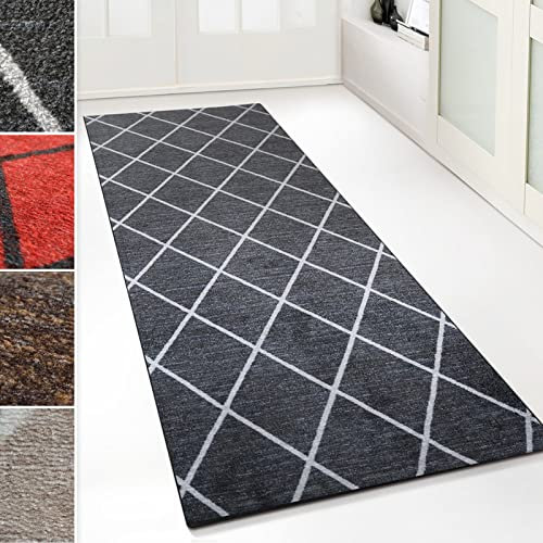 Floordirekt Teppich-Läufer Cosenza | Modernes Rauten-Design | Hochwertige Verarbeitung | Rutschhemmender Gelrücken | Erhältlich in 5 Farben & vielen Größen (80 x 100 cm, Schwarz)