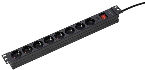 as - Schwabe 19 Steckdosenleiste 8-Fach schwarz - 1HE | 3 m Kabel mit Schutzkontaktwinkelstecker - Für Serverschränke - Steckdosen 45° - mit beleuchtetem EIN-/Ausschalter, 18191