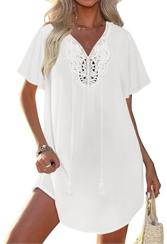 Ekouaer Beach Cover Ups for Women - Hollow Out Beach Dress Lace Crochet V-Neck Cover Up - White XL