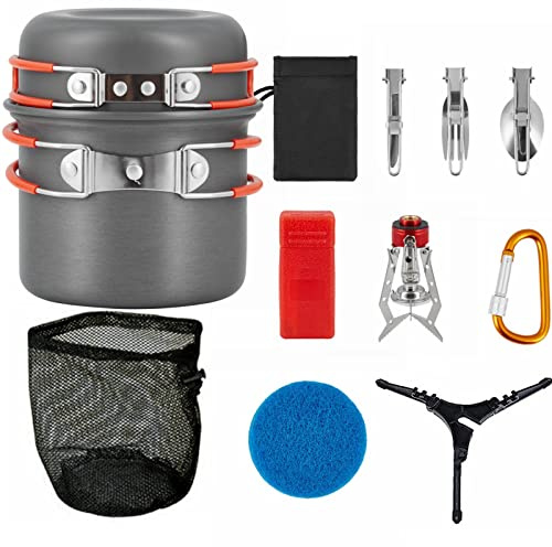 Bulin set pentole da campeggio, pentole in alluminio, kit cucina campeggio con posate pieghevoli e mini fornello, ideale per campeggio, trekking e picnic, (Per 1 Persona Senza Bollitore)