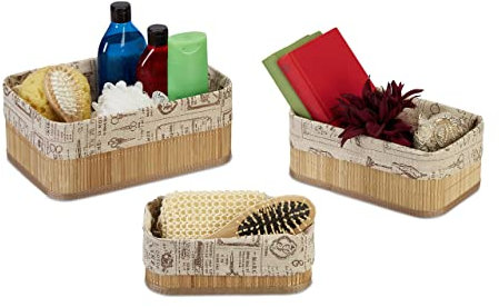 Relaxdays Set 3 Cestas de Almacenaje, Cajas Organizadoras Bambú, Cajitas Baño o Pañuelos, Funda de Tela, Natural y Beige