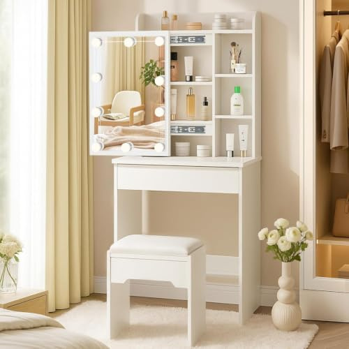 LEMROE Hollywood Dressing Table with Mirror and Stool, 7 Shelves & Drawer