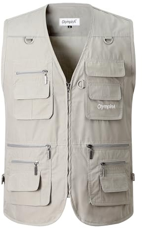 Luckyone Chaleco de verano para hombre con muchos bolsillos, multifunción para caza, pesca, camping, fotografía, senderismo, beige, XXXL