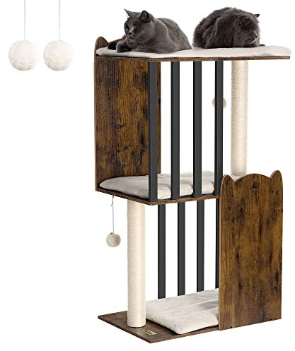 FourFurPets 3-stufiger moderner Kratzbaum, 111 cm hoch, Katzenbaum, mit 2 Voll Sisal Kratzsäulen, 3 Große Plattformen, Vintagebraun