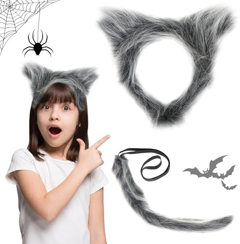 GAROMIA Werwolf Kinder Kostüm Werwolf Ohren Werwölfe Schwanz Kostüm Wolfohren Kinder Wolf Haarreif Werwolf Haarreifen für Kinder Jungen Mädchen Wolfskostüm