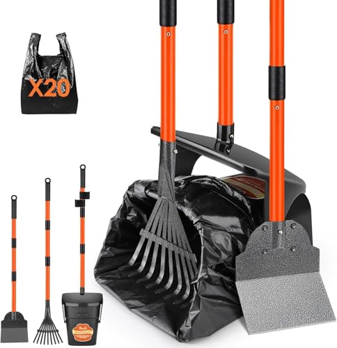 Eyein Dog Pooper Scooper - 95cm Long Metal Handle Adjustable Pooper Scooper | Swivel Bin & Rake & Spade Kit with 20 Waste Bags, Portable for Large Medium Small Pet Outdoor Yard Grass Gravel Lawn