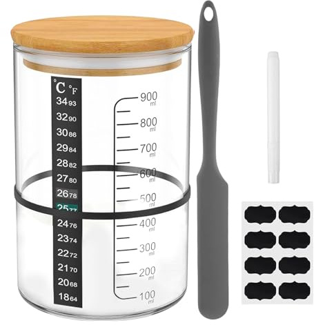 Imtrub Sauerteig Starterglas Sauerteig-Starter-Set für Sauerteigbrot Backzubehör mit Waage Markierungsband Deckel Temperaturpapier Rührstab Schaber (breite Öffnung, 900 l)
