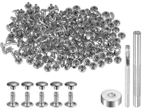 QUARKZMAN 100 Stück 8 x 7mm Leder Nieten, Runde Doppelkappe Tubular Metall Hohlnieten mit Werkzeugen, Zubehör Rücknieten für Lochzange Gürtel Dekoration Kleidung DIY Handwerk (Silber)