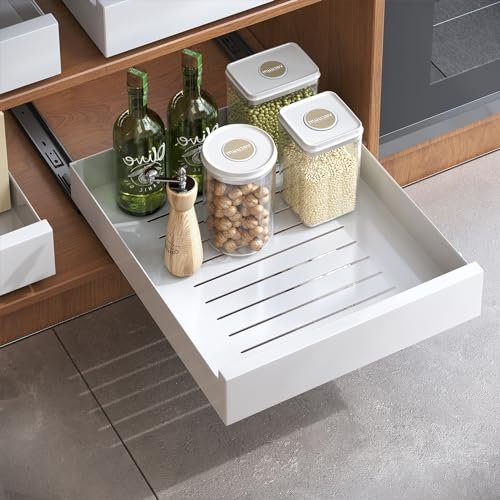 Kitstorack Ausziehbarer Schrank-Organizer, ausziehbare Schubladen, Aufbewahrung für Küchenschränke, robuste, ausziehbare Schublade, kein Bohren, 43 Tiefe x 35 Breite x 8 Höhe cm