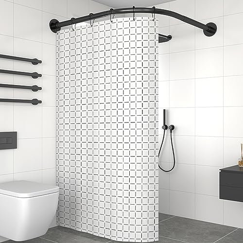 APHTOCF L Form Duschvorhangstange, Teleskopstange Duschvorhangstange Edelstahl, Vorhangstange Ohne Bohren, für Badezimmer, Privater Raum (Schwarz)(Size:C 90-130cm x 90-130cm,Color:Schwarz)