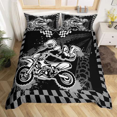 Homemissing Juego de ropa de cama tamaño King para niños, adolescentes, deportes extremos, funda de edredón transpirable para motocicleta de carreras y motociclistas, color gris
