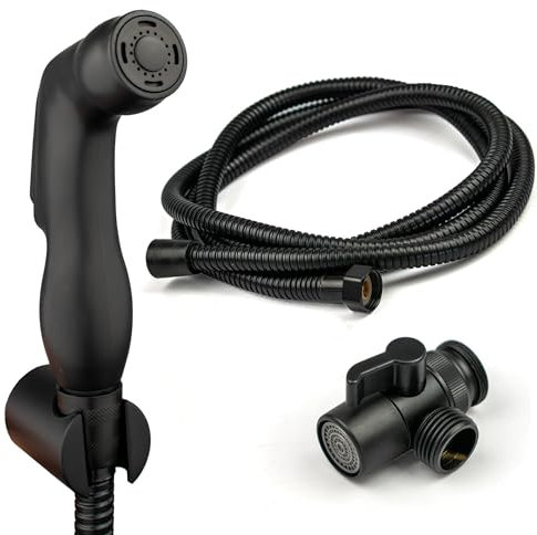 Black Portable Bidet Sprayer Kit | Brass Shattaf Tap Diverter Connects to Tap - Wall Mounted Spray Holder, 2m Hose | Douche Spray for Hygiene | Portable Toilet Sprayer UK