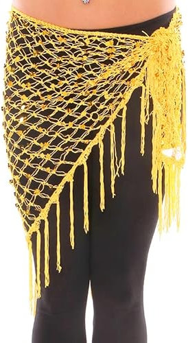 YNZUNMY Bauchtanz Hüfttuch,Bauchtanz,Bauchtanz Gürtel Grün/Gold/Silber Bauch Tanz Zubehör Glänzend Häkeln Gürtel Pailletten Hüfte Schal Quaste Wraps for Bauchtanz Taschentuch(Gold)
