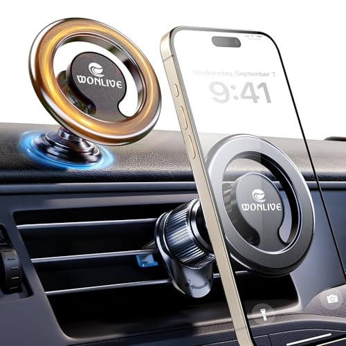 WONLIVE Handyhalterung Auto für MagSafe, Armaturenbrett/Lüftungsschlitze | 44 Starke Magnete, 360° Drehbar, inkl. Metallring-Aufkleber, Universelle KFZ-Handyhalterung für iPhone, Samsung & Android