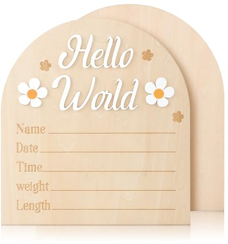 Panneau d'Annonce de Bébé, Panneau Hello World en Bois Marguerite Panneau de Bienvenue pour Nouveau-Né Panneau Annonce Naissance pour Hôpital Fête Prénatale Accessoire Photo