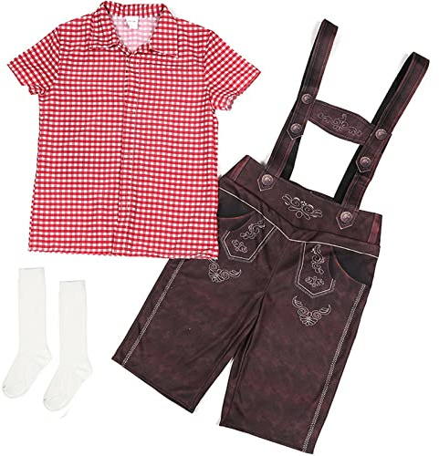 Trachtenset Kinder Lederhose Leo Kurz Trachtenlederhose mit Hemd Jungen mit Träger und Stickerei Lederhose Baby Trachtenhemd Trachtenhosen 3tlg Oktoberfest Outfit Halloween Faschingskostüme