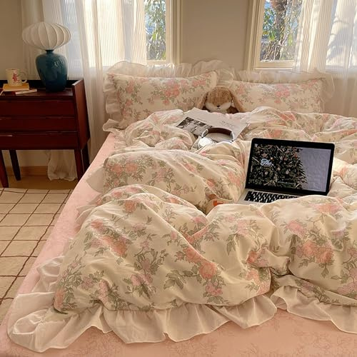 GETIYA Elegante biancheria da letto 200 x 200 cm, 3 pezzi, da donna e ragazza, motivo floreale, con volant, copripiumino in cotone bianco e rosa, double-face, con 2 federe, 80 x 80 cm