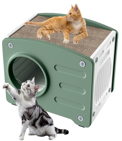 UISEBRT Väderbeständigt katthus för inomhus och utomhus, robust kattkoja i plast med klösbräda, optimal ventilation, Easy-Clean kattskåp, 55,3 x 40,5 x 46 cm, grön
