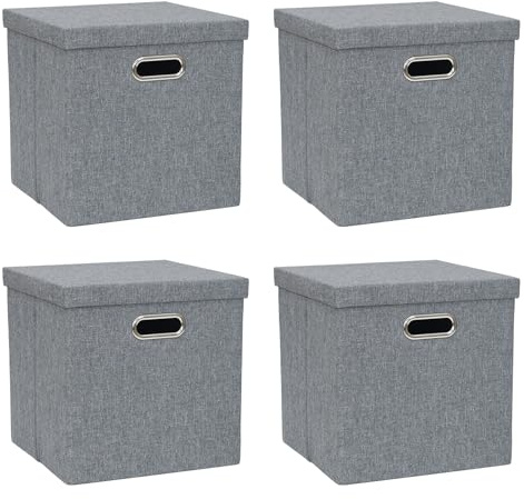 ArcaGuru Storage Bins with Lids, Collapsible Linen Fabric Boxes Organizer Containers with Lid Foldable Storage Box Basket for Closet, Shelves, Home, Office, 28 x 28 x 28 CM, 4 Pack, Dark Gray