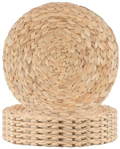 JEUIHAU Set of 6 Water Hyacinth Braided Placemat, 13 Inch Round Placemats Rattan Placemats, Natural Wicker Seagrass Rattan Placemats Non-Slip Woven Placemats for Dining Table, Decoration