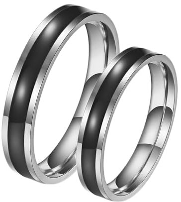 Wycian Ringe Silber Freundschaft, Ring Männer 4mm 2 Stück Edelstahl Titan 4mm Silberring mit Schwarzer Emaille Bandring Damen 60 (19.1) Herren 60 (19.1)