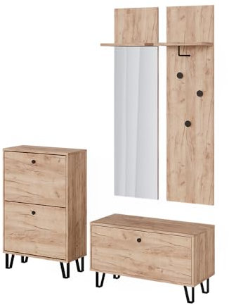 Vicco Garderobenset Siri, Goldkraft Eiche, Set mit Wandgarderoben, Sitzbank und Schuhschrank
