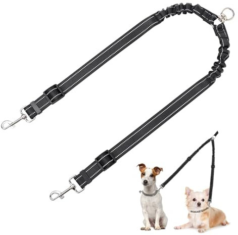Double Dog Lead Coupler, No Tangle 360°Swivel Rotation with 2 Splitter, Heavy Duty Dog Leash Coupler Adjustable Shock Absorbing Bungee Reflective Dual Lead for Puppy Small Medium Dogs