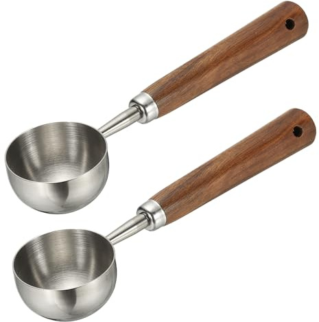 sourcing map 2pcs Coffee Measuring Spoon, 4 x 0.8 30ml Stainless Steel Coffee Scoop with Wood Handle for Ground Coffee or Loose Leaf Tea Silver