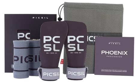 PICSIL Calleras Phoenix + Muñequeras + Bolsa, Uso Sin Magnesio, Agarre en Todas Superficies y Cualquier Tipo de Barra, Diseñadas para Todos los Atletas (Plum, G+)