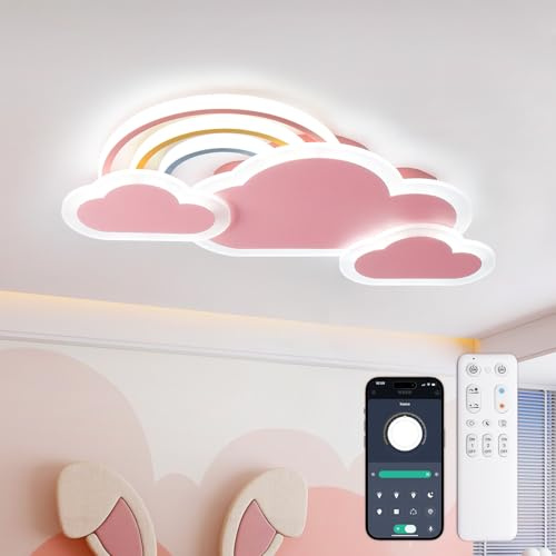 YZBEIMDAI Plafonnier LED Lampe de chambre d'enfant Plafond, 30W/55cm Lampe créative Plafond Nuages Arc-En-Ciel Dimmable Télécommande＆APP, Garçons Et Filles Chambre Lumière Éclairage,Veilleuse, Rose