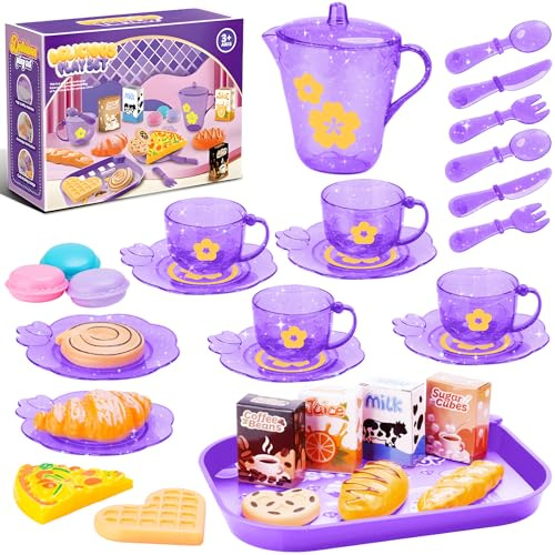 33-teiliges Teeservice für Kinder, Lila Puppengeschirr aus Kunststoff, Kinderküche Zubehör mit Teekanne, Tassen, Tellern & Dessert-Spielzeug, BPA-freies Toy Tea Set für Mädchen & Jungen ab 3