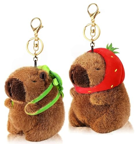 Kinretixia 2 pezzi portachiavi di peluche capibara, animali realistici, giocattoli per zaino o borsa, dolci e morbidi peluche, regalo di compleanno con portachiavi dorato