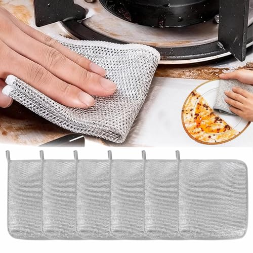 6 Stück Edelstahl Reinigungstücher, Stahlschwamm Putzlappen, Draht Reinigungstuch, Geschirrspüllappen aus Draht für Nass und Trocken, Multipurpose Wire Dish Cloth, Netzspültuch Topfreiniger, 20x20 cm