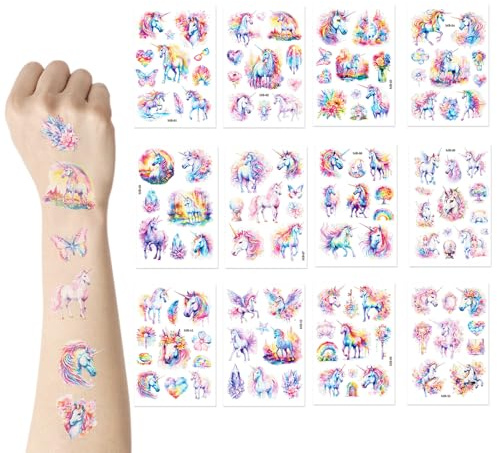 Einhorn Tattoos für Kinder,12 Blätter Glitzer Tattoo Set Kinder, Hautfreundliche Temporäre, Unicorn Geschenke für Mädchen, Mitgebsel Kindergeburtstag
