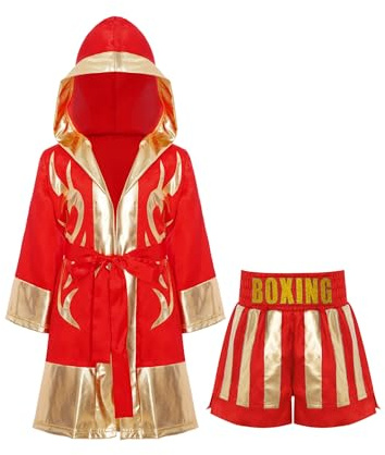 Miaeowve kickboxningskostym barn pojke, långärmad satinhuvkappa + metallic bälte + MMA shorts, kampsportdräkt, rödguld A 110-116