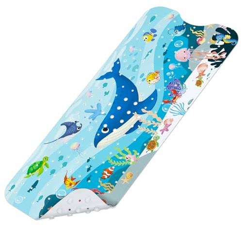 Tapis de Bain Antiderapant Baignoire Bebe 100x40 cm, Extra Tapis Salle de Bain Antidérapant pour Enfants et Bébé avec 200 Ventouse Matériel de PVC, sans BPA et Lavable en Machine - Baleine