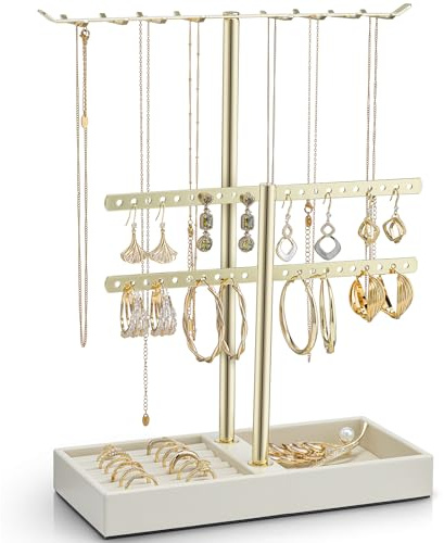 Vlando Smyckesarrangör 3 våningar smyckesställ guld med metallkedjeställ för kvinnor – smyckeshållare display för halsband, ringar, örhängen, armband, solglasögon – beige