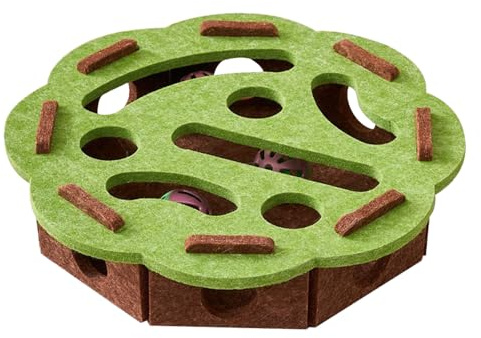 qokeeu Interaktives Katzen-Intelligenzspielzeug, Holz Puzzle-Box Mit Spielstab, Glockenball Und Kratzfläche, Katzen-Beschäftigungsspiel Mit Futterlabyrinth Für Kitten Und Erwachsene
