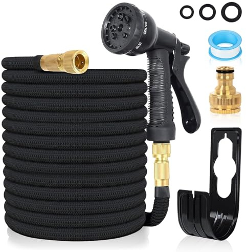 Expandable Garden Hose Pipe 100FT 3 Times Flexible Expanding Magic Lightweight Watering Hose Anti-Leakage with 3/4 1/2 Solid Brass Fittings 8 Function Spray Nozzle (BlackA)