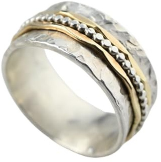 Bicolor Damenring aus 925er Silber & 333 Gold Noemi – Breiter Drehring mit Hammerschlag-Design– Spinner-Ring gegen Stress - Statement Ring für Frauen - ca. 9.8 mm breit