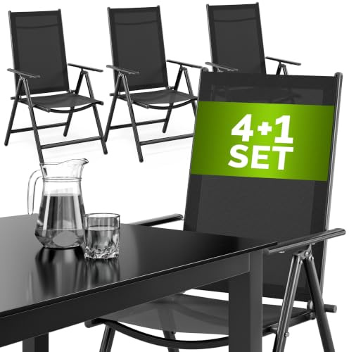 Casaria® Gartenmöbel Set 4 Stühle mit Tisch 90x90cm Aluminium Sicherheitsglas Wetterfest Klappbar Modern Terrasse Balkon Möbel Sitzgruppe Garnitur Bern