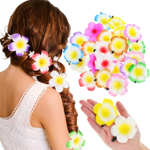 Frcolor Clip de pelo hawaiano 24pcs, accesorio de la flor de la espuma del Plumeria de 2.4 pulgadas para la decoración de la boda del partido de la playa